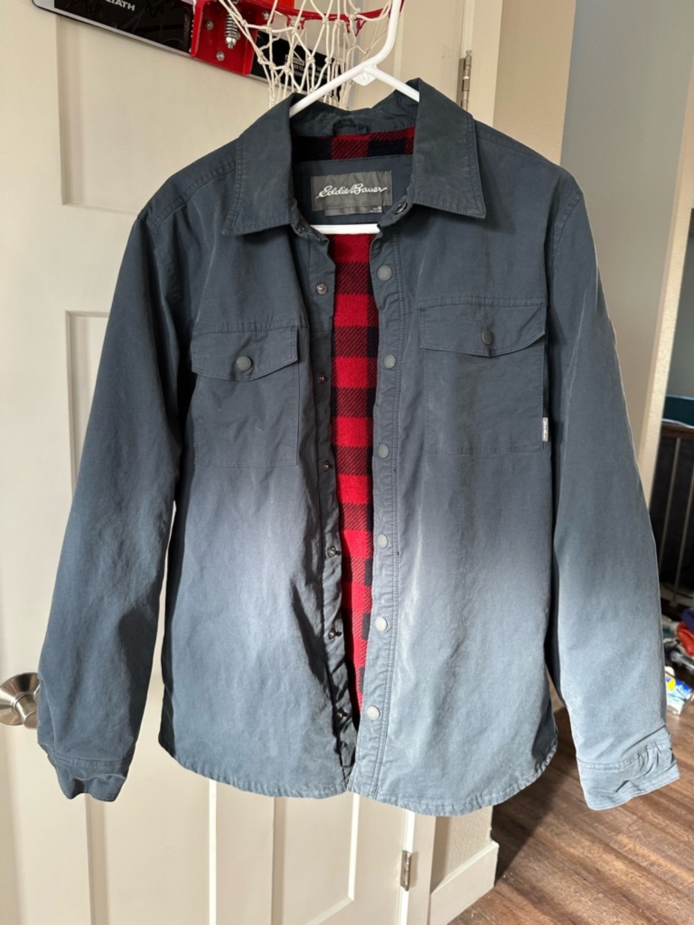 Eddie Bauer Men’s Navy Blue Button-Front Snap Jacket with Red Plaid Lining